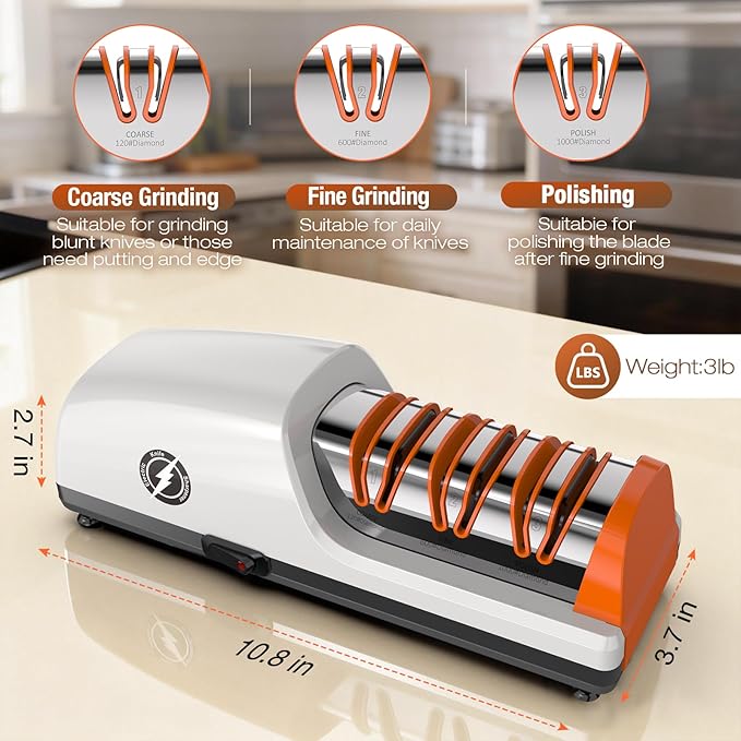 Replaceable Sharpener Electric Knife Sharpener, 3-Stage with 100% Diamond Abrasives & Precision Angle Guides, Kitchen Knife Sharpener with Sharpening and Polishing Function