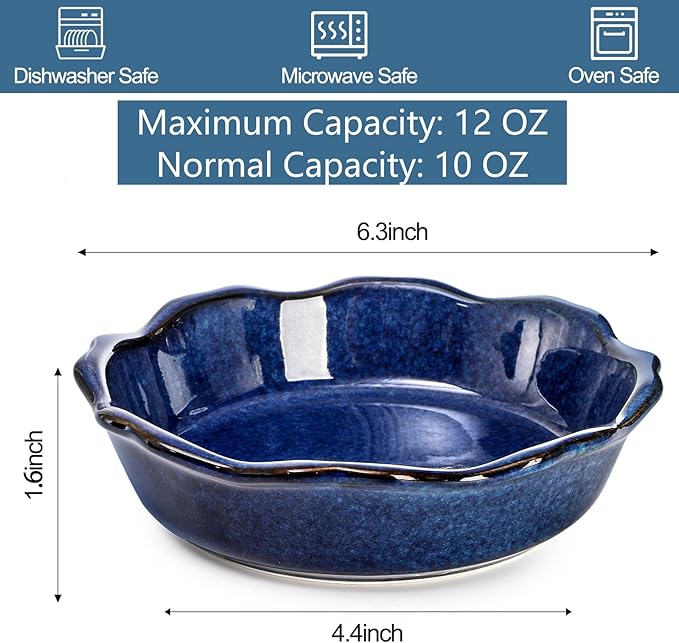 Peohud 6 Pack Ceramic Mini Pie Pans, 6 Inch Small Blue Pie Plate, 12 Oz Individual Pie Dish, Round Pot Pie Baking Dishes with Ruffled Edge for Dessert, Apple Pie, Microwave, Oven Safe