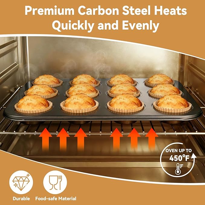 2 Pack Muffin Pan Set,12 Cup Nonstick Carbon Steel Cupcake Pan with 100 Liners,Standard Muffin Tin for Cupcakes and Baking Supplies
