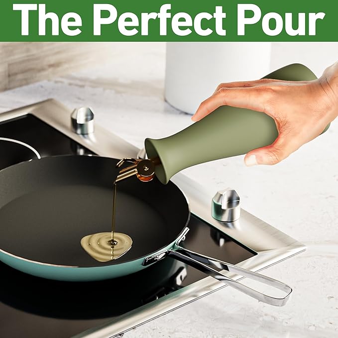 Ceramic Olive Oil Dispenser with Self-Closing Gold Spout - 530 ML Capacity Matte Green Ceramic Oil Dispenser for Kitchen - Leak Proof EVOO Dispensing Bottle - Stylish, Ergonomic, Durable, Easy Pour