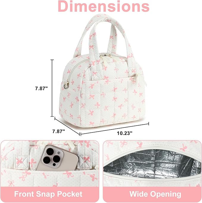 LEDAOU Lunch Box for Women girls Lunch bag Quilted Puffer Lunch Box with Adjustable Strap Insulated Reusable LunchBox for Work School Picnic Travel (Pink Bow)