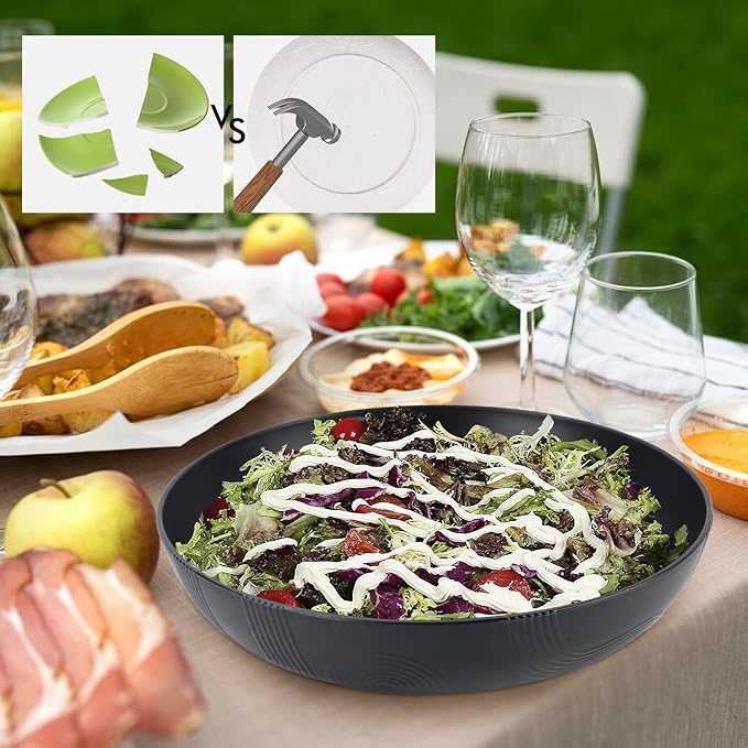 Wrova Wheat Straw Salad Bowls,65oz Unbreakable Wide and Shallow Dinner Bowls Set of 2,Microwave Safe Reusable Plastic Salad Bowls for Kids, Adults,Salad,Camping,RV.Black and White