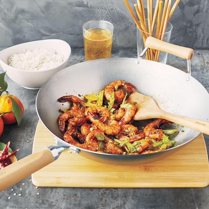 Sur La Table 14" Carbon-Steel Wok, Flat Bottom Pan for High-Heat Cooking – Ideal for Deep-Frying, Steaming, and Stir-Frying– Lightweight, Fast Heating