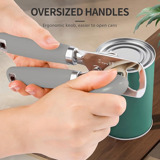Can Opener Manual, Heavy Duty Stainless Steel Smooth Edge Can Opener With Soft Touch Handle, Oversized Handheld Easy Turn Knob, Multi-Function Bottle Opener, Gray