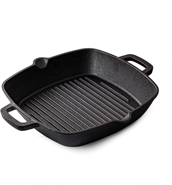 Cast Iron Grill Pan for Stove Top, 10 Inch Pre-Seasoned Cast Iron Skillet & Griddle Pan, Indoor Grill Pan for Steak, Bacon & Frying, Compatible with Gas, Electric, Induction Cooktops