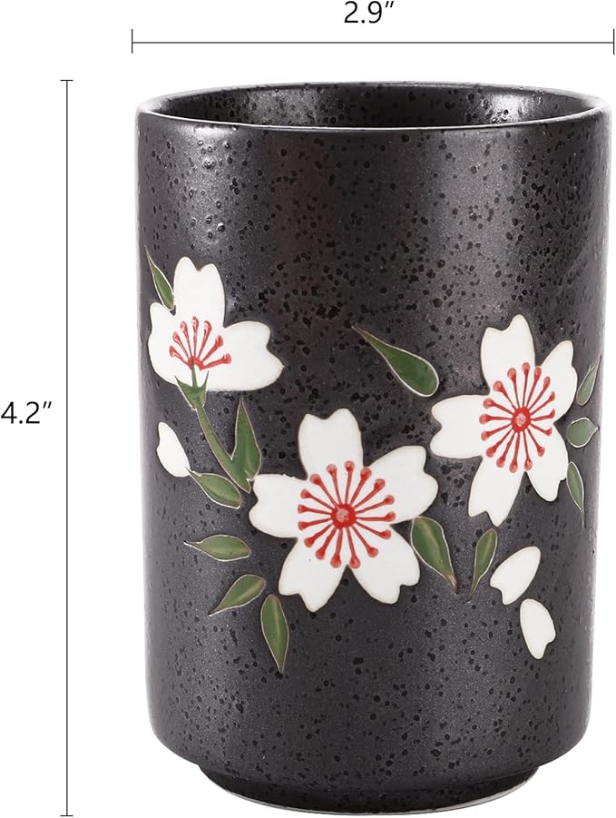 Hedume Set of 2 Japanese Tea Cups, 10oz Ceramic Teacup Mug, Japanese Cherry Blossoms and Line Design Ceramic Tea Cups Set for Green Tea, Matcha Tea, Bancha