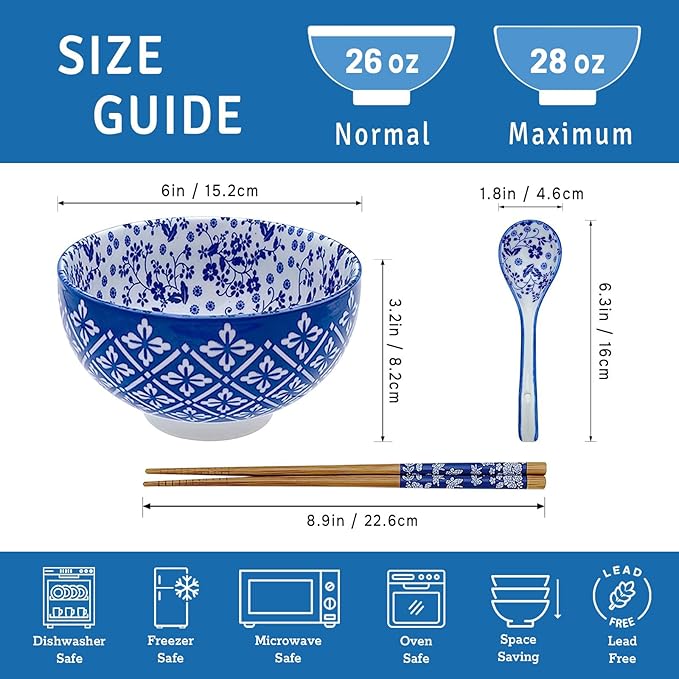 Japanese 28 Oz Ceramic Ramen Noodle Soup Cereal Pho Rice Salad Bowl Set with Chopsticks and Spoons, Premium Gift Set for House Warming, Birthday, Holiday, Microwave Safe, Dishwasher Safe