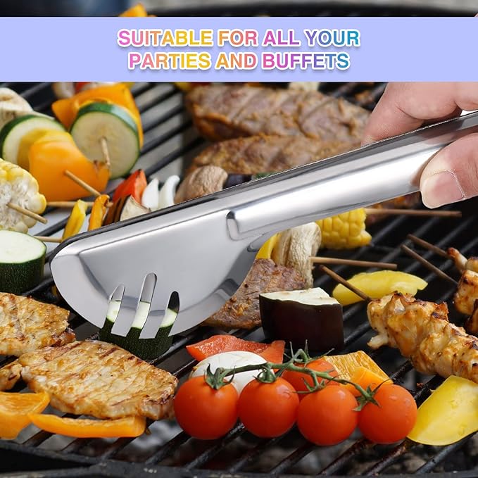 Patelai 15 Pcs Silver Stainless Steel Serving Utensils Set 8.7" Large Spoons and Slotted Spoon 9.45" Tong 9" Forks Flatware Wedding Valentine Day Holiday Party Buffet Banquet Cooking Kitchen Catering