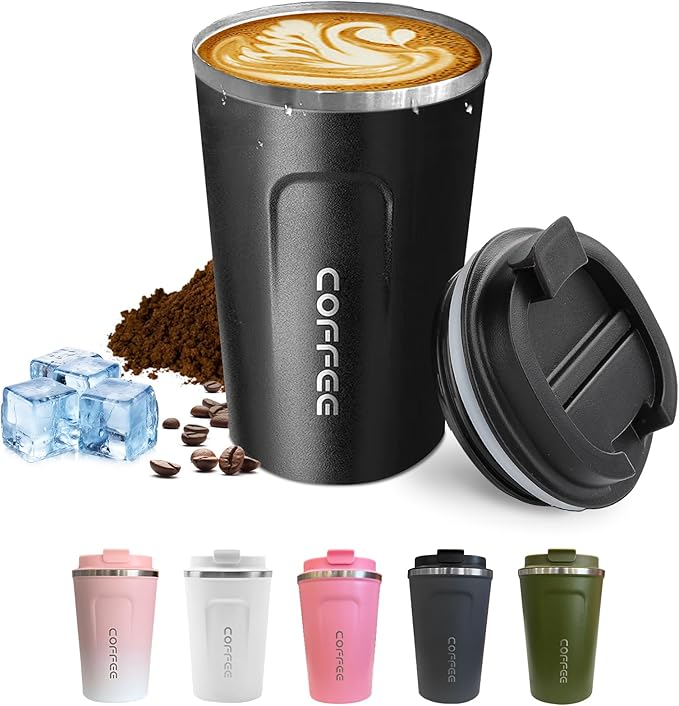 Travel coffee mugs leak-proof, reusable coffee cups with lids, stainless steel vacuum insulated coffee tumblers, thermal insulation cups for men & women keep drinks hot & cold(2nd-Black, 12OZ)
