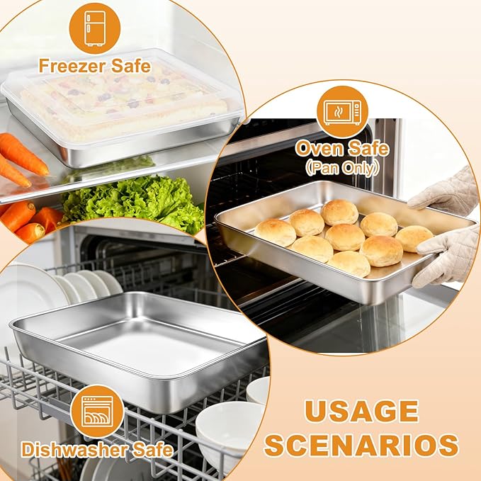 Stainless Steel Baking Pan with Lid, 12⅓ x 9¾ x 2 Inch Deep Rectangle Cake Pans with Cover for Cakes, Brownies, Cookies, Deep Side & Heavy Duty,Dishwasher & fridge & Oven Safe(2 Pans + 2 Lids)