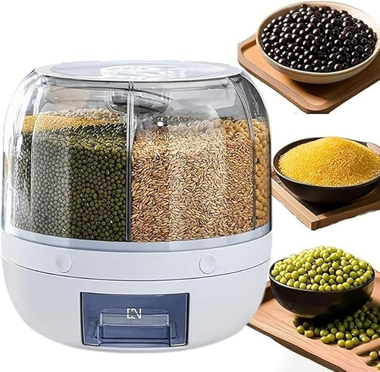 Rotating Grain Storage Bin 6 Grids Rice Container One-Click Output Large Capacity Food Dispenser For Rice Grains Sealed Moisture Proof Organizer (Large)