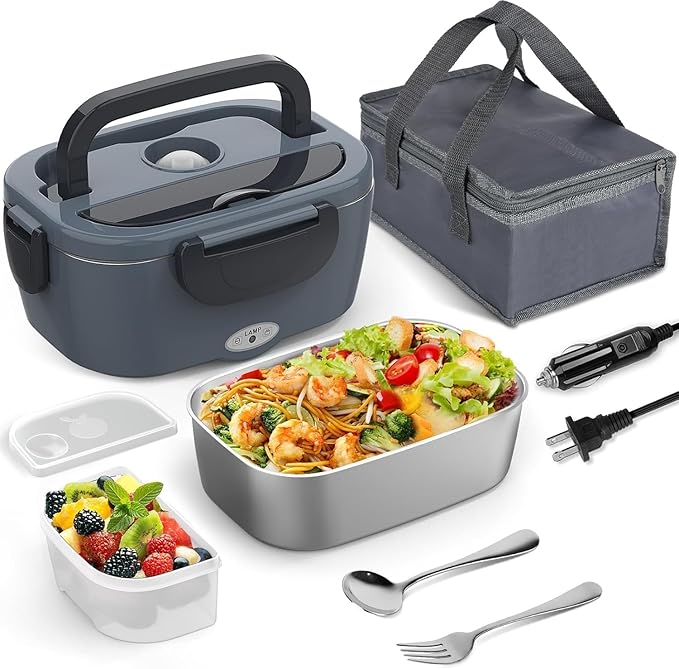 Electric Heated Lunch Box for Men/Women Home 80W Portable Food Warmer with 12V/24V/110V/220V Stainless Steel Leakproof Container for Work Travel Jobsite Camping Gift for Adults/Men/Woman