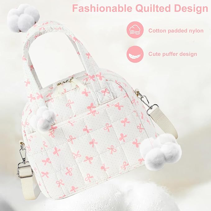 LEDAOU Lunch Box for Women girls Lunch bag Quilted Puffer Lunch Box with Adjustable Strap Insulated Reusable LunchBox for Work School Picnic Travel (Pink Bow)