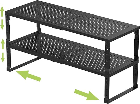 Expandable Adjustable Stackable Kitchen Organizer, Spice Rack,Metal Pantry Storage Shelves Racks,Counter Shelf for Cabinets, Countertop, Cupboard(2 Packs/Medium/Black)
