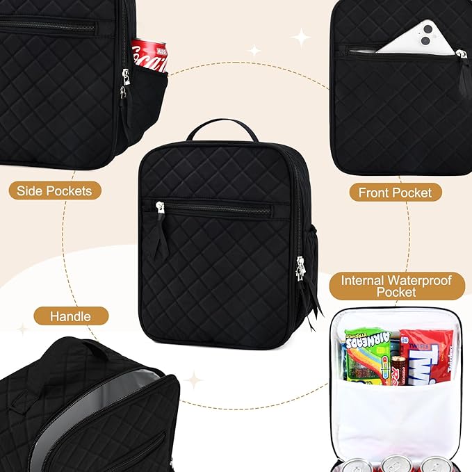Aileam Lunch Box for Women Black Lunch Bag Quilted Reusable Insulated Cute Lunch Box Aesthetic Tote Bags Floral Cotton Lunch Case for Travel Work Picnic (Black)