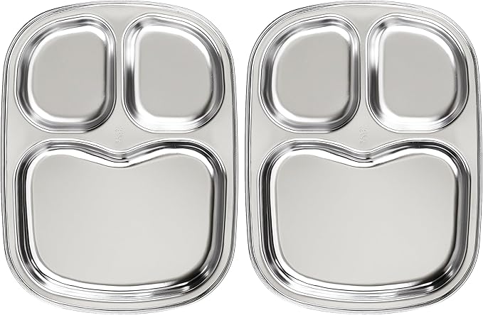 Korean Stainless Steel Divided Plates for Toddlers, Kids, Babies, Premium 304, Electro-Polished, No Black Residue, BPA-Free, 3-Compartment Plate, Food Tray for Camping, Balanced Meals, Set of 2