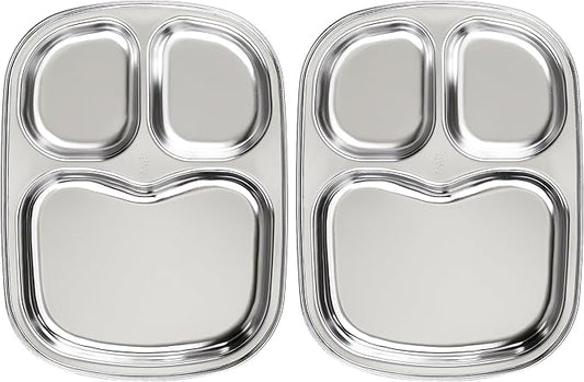 Korean Stainless Steel Divided Plates for Toddlers, Kids, Babies, Premium 304, Electro-Polished, No Black Residue, BPA-Free, 3-Compartment Plate, Food Tray for Camping, Balanced Meals, Set of 2