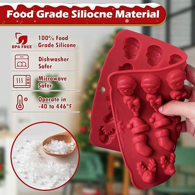 HKNMTT Christmas Silicone molds for Xmas Candy Chocolate Wax Decor, 60 Cavity 11 Shapes Gummy Mould, Including Tree Santa Cane Hat Socks Elk Gingerbread Man Bell Glove Snowman Food Grade DIY Set