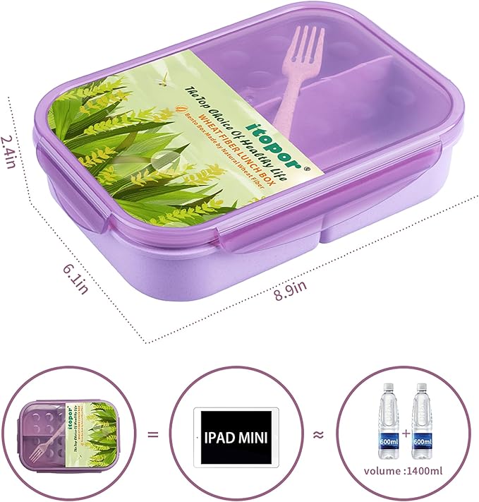 Wheat Straw Lunch Box, Leakproof 3-Compartment Bento Box for Kids & Adults, BPA-Free, Microwave & Dishwasher Safe, 5.5 Cup/1400 ml, Purple
