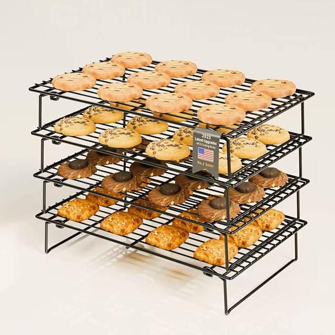 4PCS Cooling Racks for Cooking and Baking, Collapsible 4 Tiers 10"X16" Cool Batches of Cookies, Non-Stick & BPA-Free, Oven and Dishwasher Safe (Black-202)