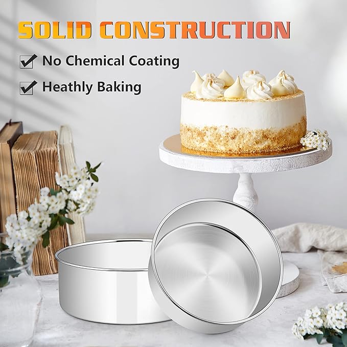 E-far Cake Pans Set of 3, 8 x 3 Inch Stainless Steel Round Cake Baking Pans, Deep Metal Cake Tins for Wedding Birthday, Non-toxic & Dishwasher Safe, Mirror Finish & Straight Side