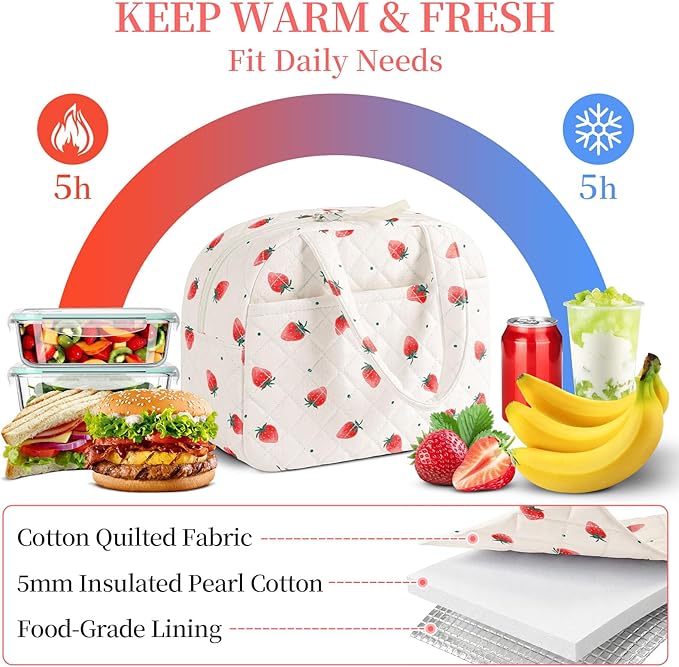 Quilted Lunch Box for Women,Coquette Aesthetic Lunch Box for Teen Girls,Cute Strawberry Lunch Bags for Work, School,Office,Picnic,Travel (Strawberry)