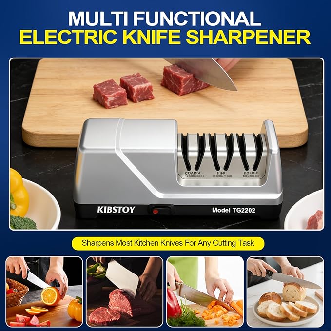 Professional 3-Stage Electric Knife Sharpener for Kitchen Knives, with 100-Percent Diamond Abrasive 15° Precision Angle Guide Quickly Sharpening, Polish Blades/Repairing/Restoring