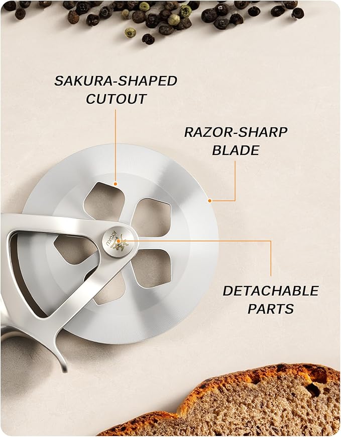 KYOKU 4 in. Pizza Cutter, Detachable Pizza Wheel Cutter with Sakura-Shaped Cutout, High Carbon Steel Wheel Pizza Slicer with 2 Wheel Blades Brush Hand Guard, Pizza Wheel Slicer for Pie Flatbread