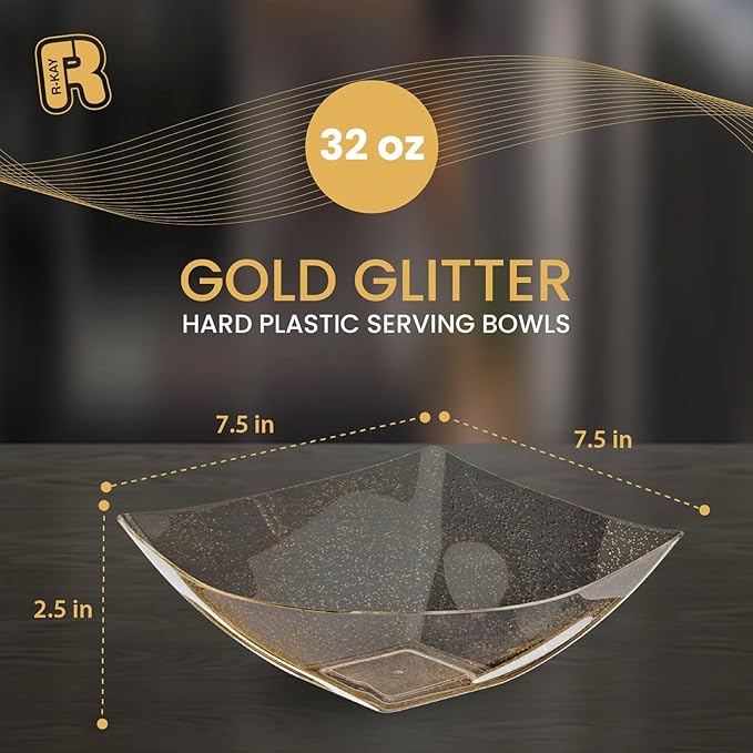 R-kay 6 Pack Gold Glitter Plastic Serving Bowls - 32 Oz Gold Plastic bowls - Salad Bowls Large Serving, Premium Duty For Weddings Catering And Birthday parties