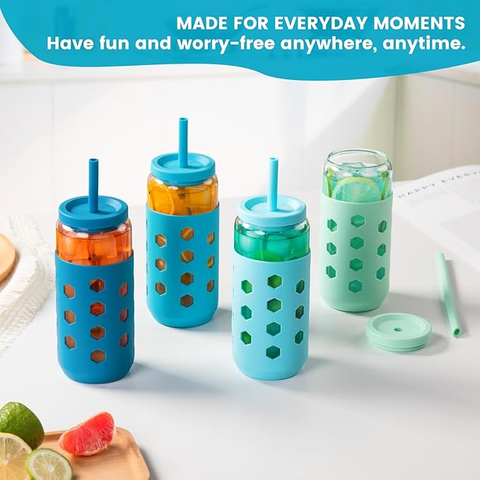 Glass Cups with Lids and Straws (4 Pcs), 20oz Drinking Glasses Set with Silicone Sleeves for Coffee Bar Accessories Iced Coffee Cups with Lids, Glass Tumbler Reusable for Gifts