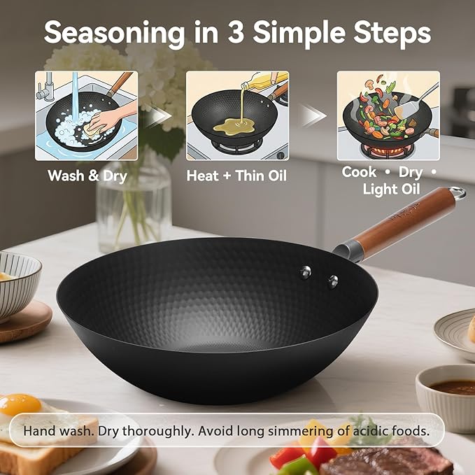 WANGYUANJI Carbon Steel Wok Pan with Lid (12.6"), Ultra-Lightweight 2.9lb Stir Fry Pan for Electric, Induction & Gas Stoves, Pre-Seasoned Flat Bottom Iron Skillet with Spatula, No Chemical Coating