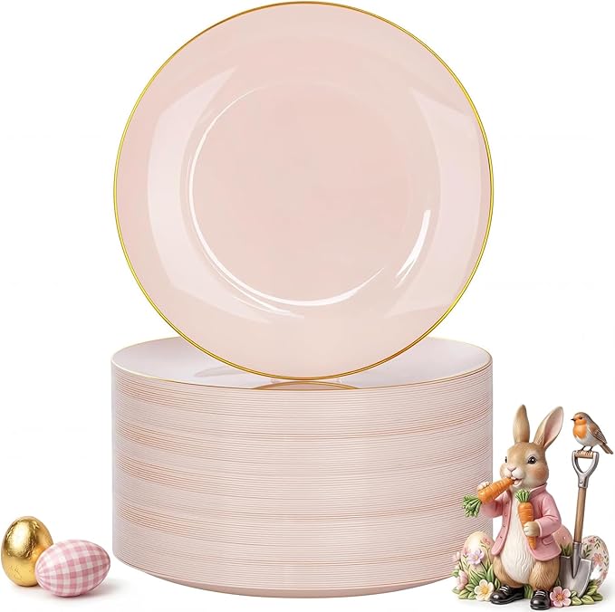 Nervure 100Pieces Pink and Gold Plastic Plates - 7.5inch Disposable Pink Salad/Dessert Plates - Heavy Duty Plastic Plate Ideal for Wedding & Party