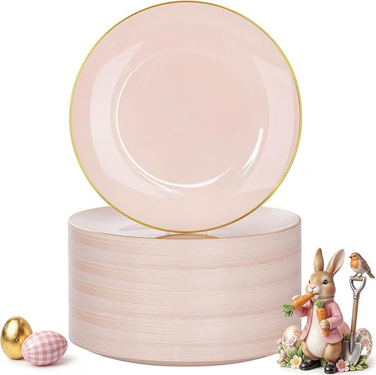 Nervure 100Pieces Pink and Gold Plastic Plates - 7.5inch Disposable Pink Salad/Dessert Plates - Heavy Duty Plastic Plate Ideal for Wedding & Party