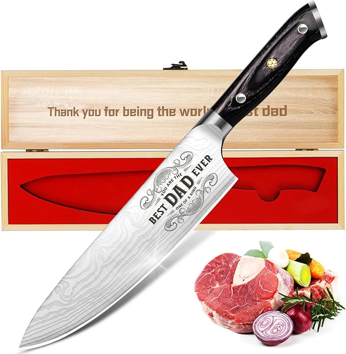 Dad Gifts from Daughter Wife Son, Best Dad Ever Kitchen Knife Gift Set with Wooden Box, Dad Birthday Gift Ideas, 8" Professional Chef Knife, Dads Birthday Gift for Men Husband