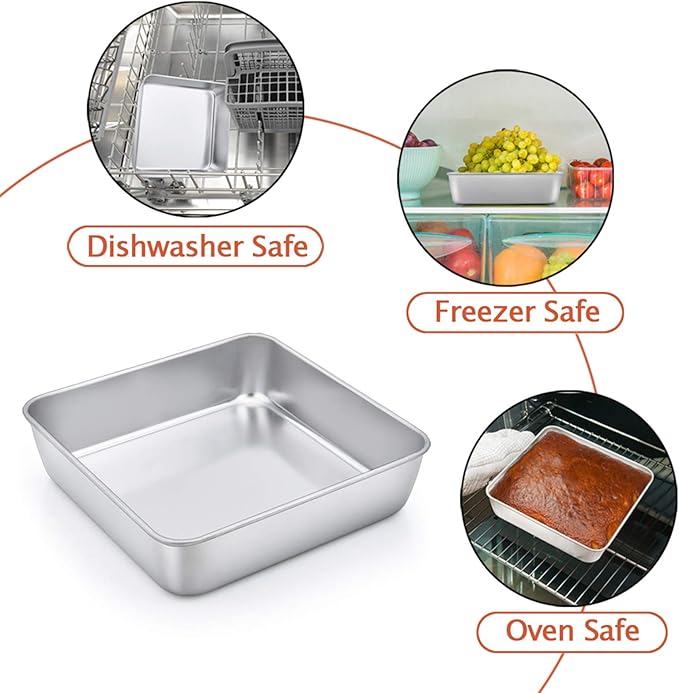 TeamFar 8 x 8 Inch Square Cake Pan, Square Baking Brownie Pan Stainless Steel for Wedding Christmas Party, Healthy & Non Toxic, Sturdy & Brushed Surface, Dishwasher Safe(2 PCS)