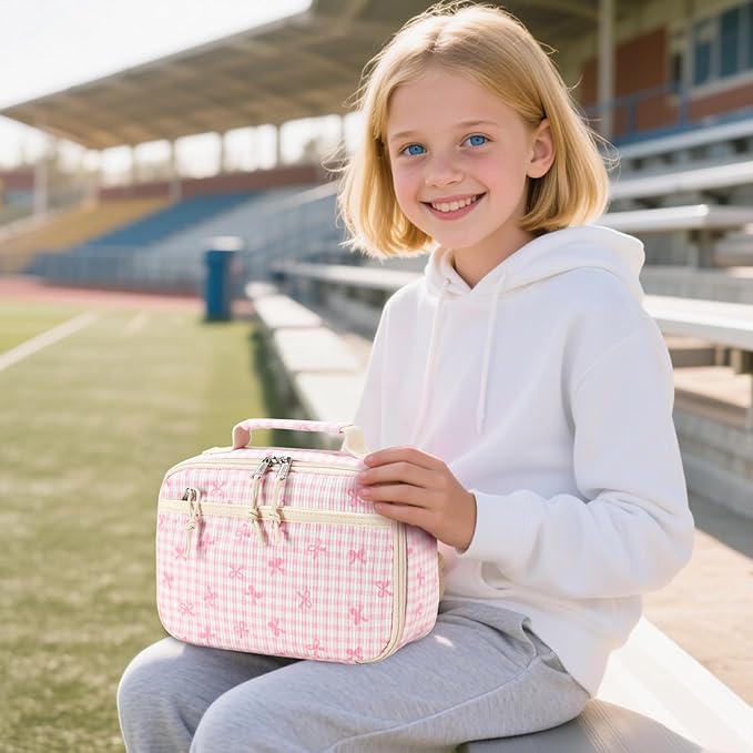 LEDAOU Lunch Box Kids Insulated Lunch Bag Girls Toddler Reusable Lunchbox for School Picnic Hiking (Bowknot-Pink)