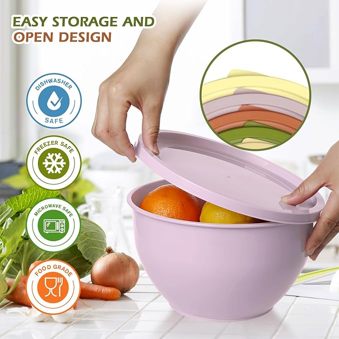 Plastic Mixing Bowls with Lids Set for Kitchen, Nesting Bowls for Mixing, Baking, Prepping, Cooking and Serving Food, Mixing Bowls Dishwasher, Microwave Safe (Yellow green)