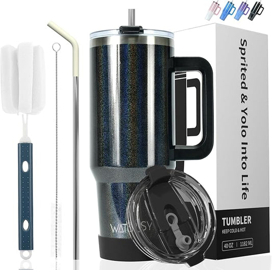 30 oz Shiny Tumbler with Handle,Tumbler with Lid and Straw,Double Wall Insulated Cup Stainless Steel Travel Mug(Cold for 34 Hours),Water Bottle for Iced Tea,Coffee,Cold Beverages(Black)