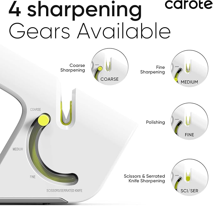 CAROTE 4-in-1 Knife Sharpener for Kitchen Knives Pocket Knife Sharpener Helps Repair, Restore,Polishe Blades, Safe & Easy to Use with Non-Slip Base and Grip Light Grey