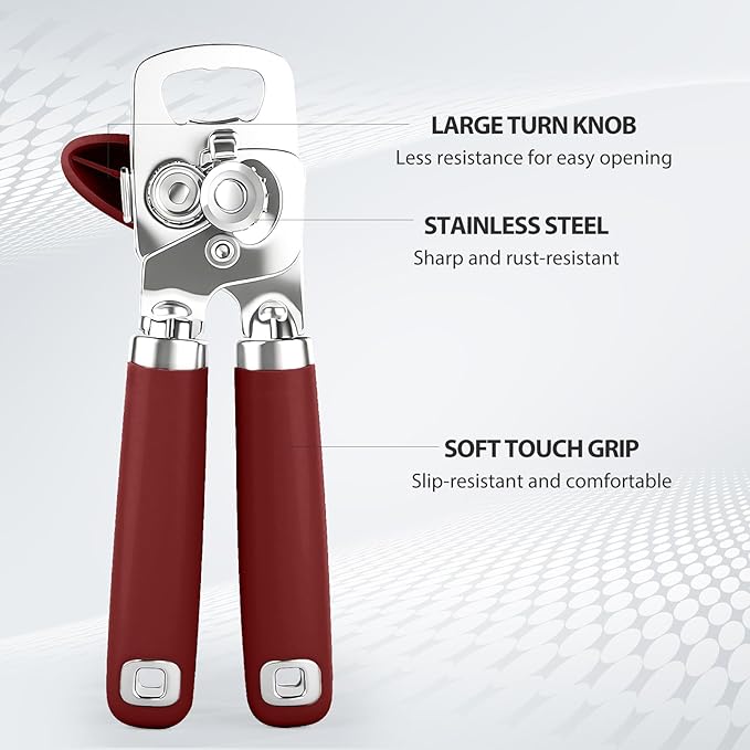 Can Opener Manual, Heavy Duty Stainless Steel Smooth Edge Can Openers With Soft Touch Handle, Oversized Handheld Easy Turn Knob, Multi-Function Bottle Opener, Red