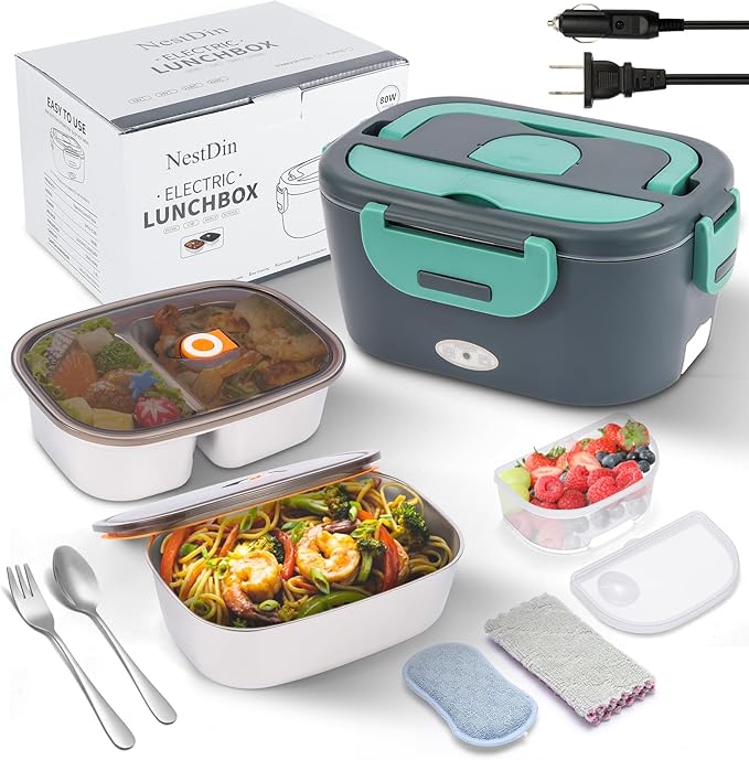 Electric Lunch Box Food Heater for Adults, 80W Fast Heated Lunchbox for Men with Dual Containers and Lids, 1.5L Portable Food Warmer Heating Lunch Box for Work Car Truck Office, 110V/12V/24V-Green