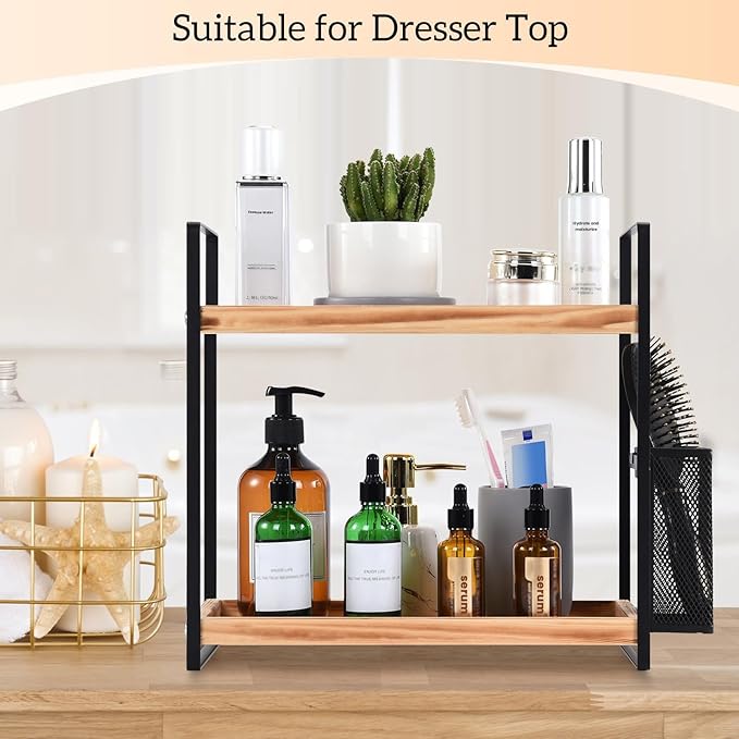 LEMIKKLE 2-Tier Coffee Bar Organizer With Basket,Wooden Shelf for Coffee Bar Accessories,Spice Rack Organizer for Countertop-Brown