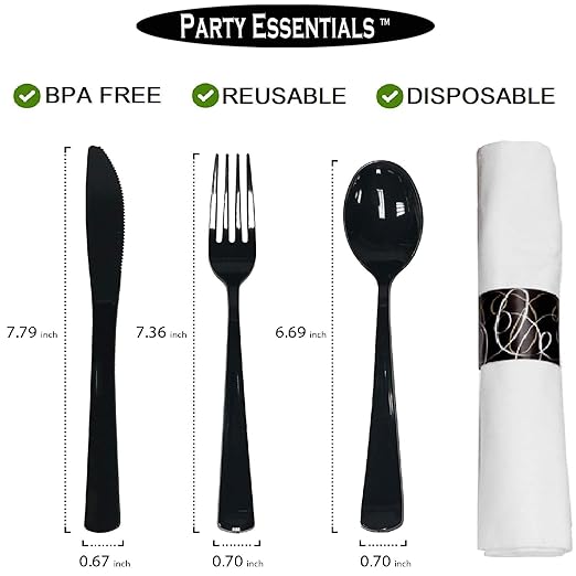 Party Essentials Pre-Rolled Disposable Extra Heavy Duty Plastic Cutlery Kit with Black Fork/Knife/Spoon and 3-Ply White Napkin (Case of 100 rolls)