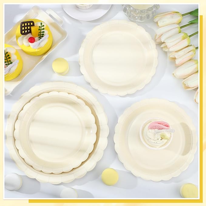 30 Pcs Dessert Plates Disposable, 7 Inch Ivory Paper Plates Scalloped Small Cake Appetizer Birthday Plate Cream Party Plate for Wedding, Baby Bridal Shower