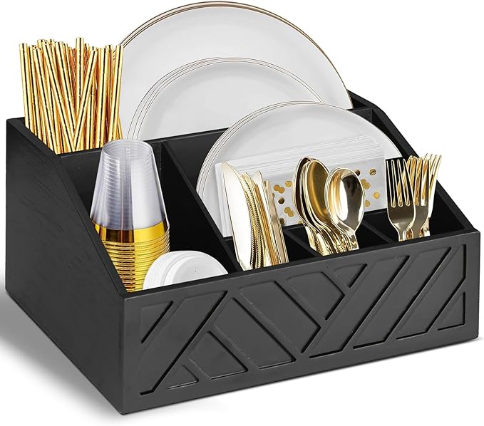 Paper Plate Dispenser, Paper Plate Holder for Kitchen Counter, Wood Rustic Silverware Utensil Caddy, Cutlery Flatware Organizer Box for Cups Spoons Forks Plates Napkins, Kitchen Accessories