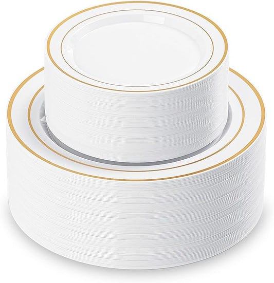 200PCS White Plastic Plates with Gold Rim, Disposable Heavy Duty Plastic Plate, 100 Dinner and 100 Dessert Plates for Party and Wedding