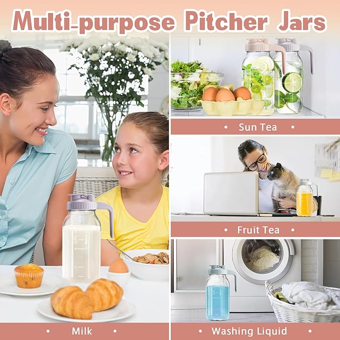 64oz Glass Pitcher with Lid & V-shaped Pour Spout - 2 Quart Breastmilk Pitcher Double Leak Proof, Creamer Container for Sun Tea, Juice, Cold Brew Coffee, Breastmilk Storage Containe