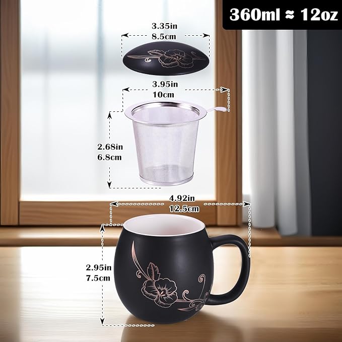Yundu 12 OZ Ceramic Mug with Lid & Tea Strainer - Matte Black Tea Cup with Golden Flower, Stainless Steel Infuser for Loose Leaf Tea