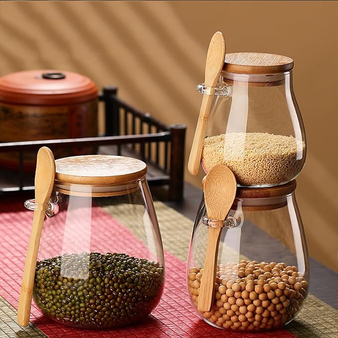 Airtight glass jar storage container with bamboo lid Set of 2, wide mouth, leak-proof, With a spoon, can be used for coffee beans, tea leaves, grains, dried fruits, etc (Small)