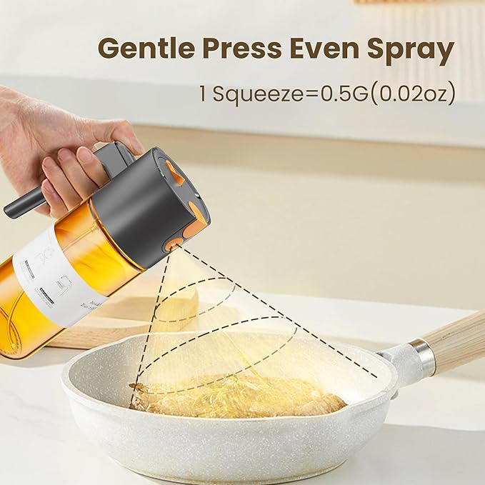 Upgrade 2 in 1 Oil Sprayer for Cooking, 17oz Light-Blocking Glass Olive Oil Dispenser Bottle for Kitchen,Food-Grade Oil Mister with 8 Stickers for Salad, Frying(Amber Bottle-Black Gap)